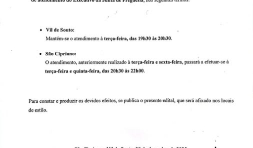 Alteração do horário da Junta de Freguesia